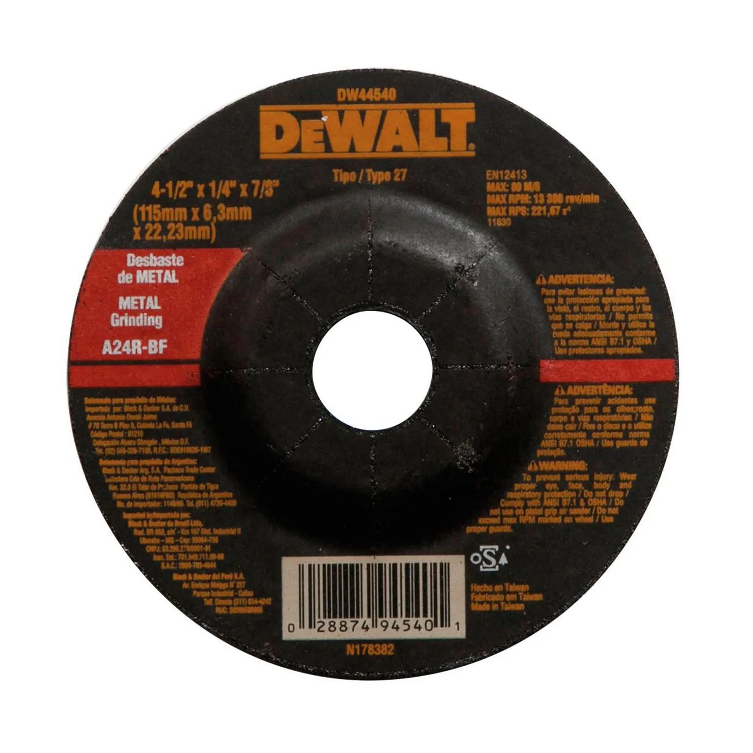Disco Desbaste para Metal - Dewalt - 4-1-2 x 1-4 Disco Desbaste para Metal - Dewalt - 4-1/2" x 1/4" - Imagen 1